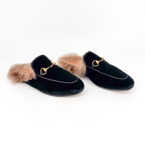 Gucci Princetown Black Velvet Fur Lined Horsebit Mules Size 38.5 US 8.5 Women's - Picture 1 of 15